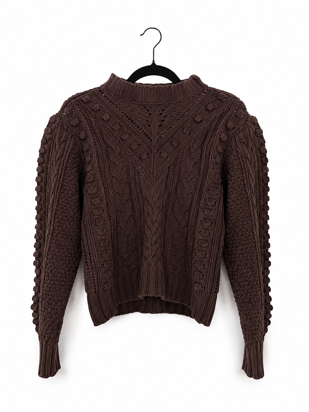 Tularosa Chocolate Brown Cable Popcorn-Sleeve Turtleneck Sweater (Revolve)